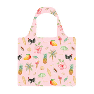 Noosa Parade Reusable Shopping Bag by Cass Deller, a pale pink bag printed with palm trees, beach umbrellas and tropical fruit