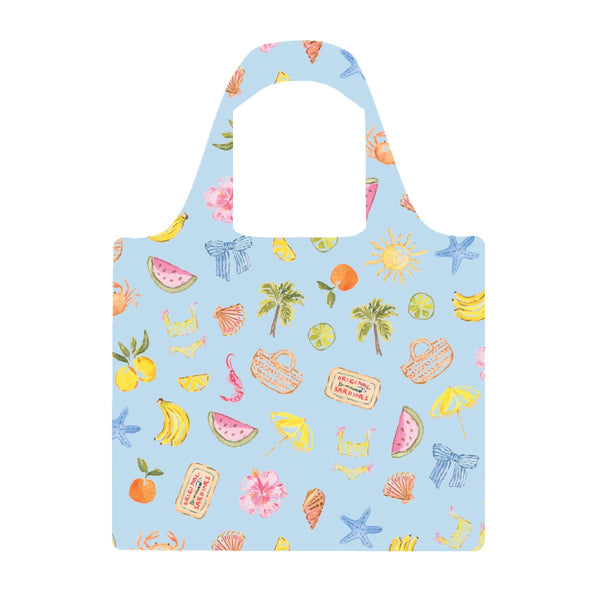 Sunday Picnic Reusable Shopping Bag by Cass Deller, a pale blue bag with a playful print of picnic treats and summer fruit