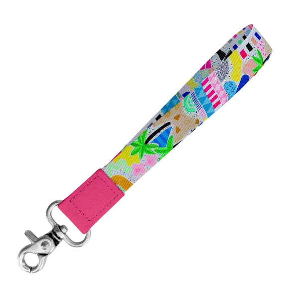 Beach House Wristlet Keychain by Kristina Forrest, hand-painted coastal print on recycled canvas