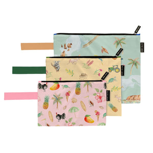 Loving Our Sunburnt Country Pouch Trio by Cass Deller: large, medium and small pouches in mint, yellow and pink prints with wrist straps