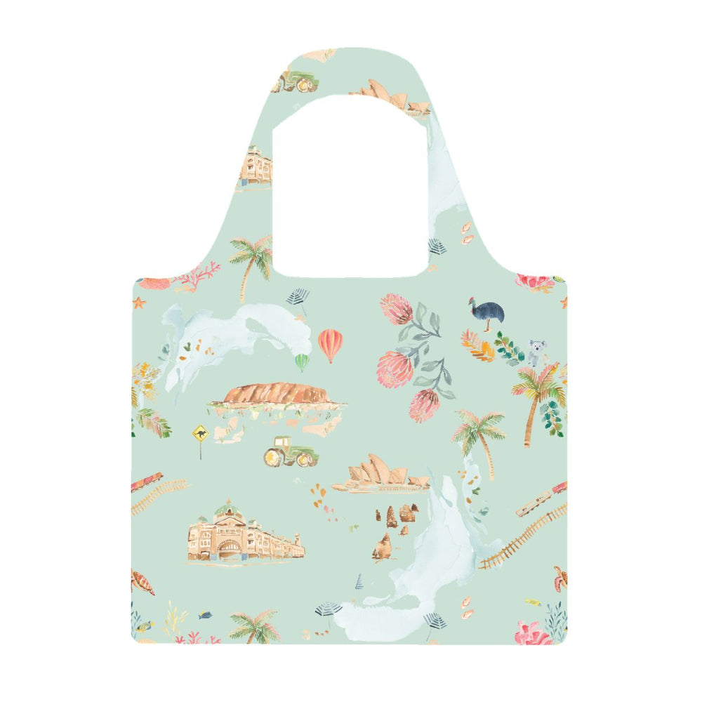 Spirit of Australia Reusable Shopping Bag by Cass Deller, a mint green bag with an illustrated print celebrating Australia