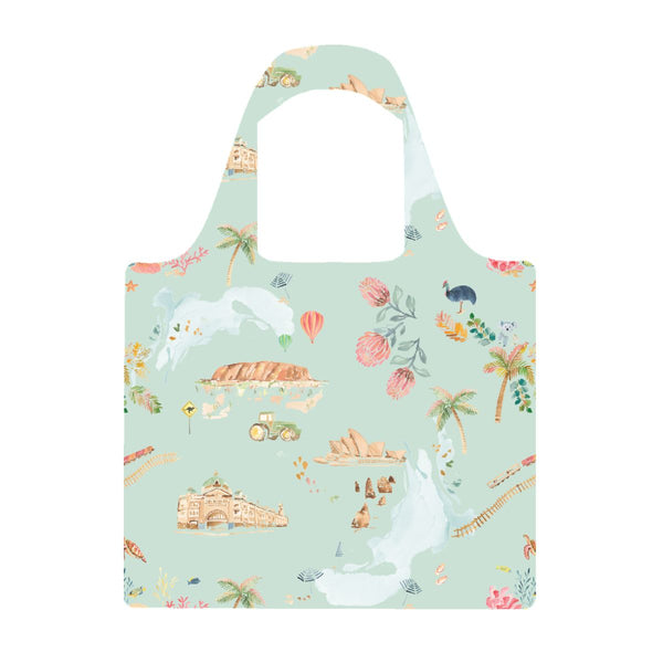 Spirit of Australia Reusable Shopping Bag by Cass Deller, a mint green bag with an illustrated print celebrating Australia