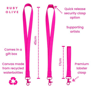 Ruby Olive lanyard and wristlet keychain size guide with measurements