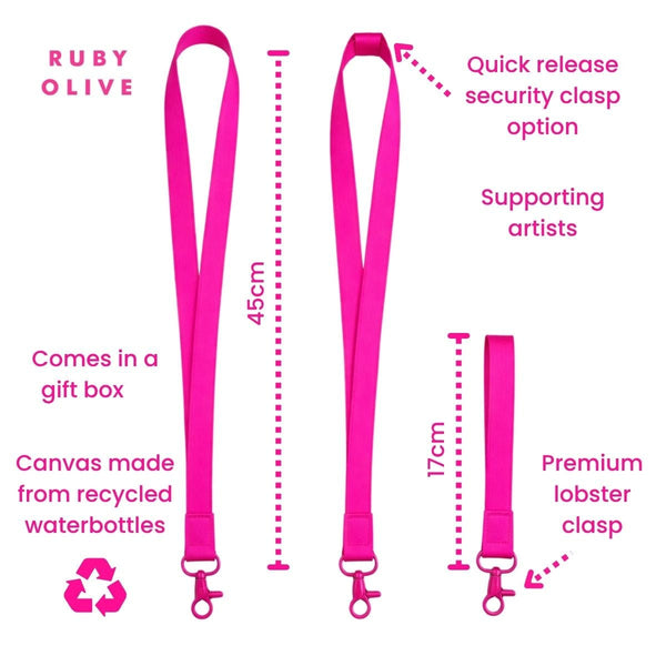 Ruby Olive lanyard and wristlet keychain size guide with measurements