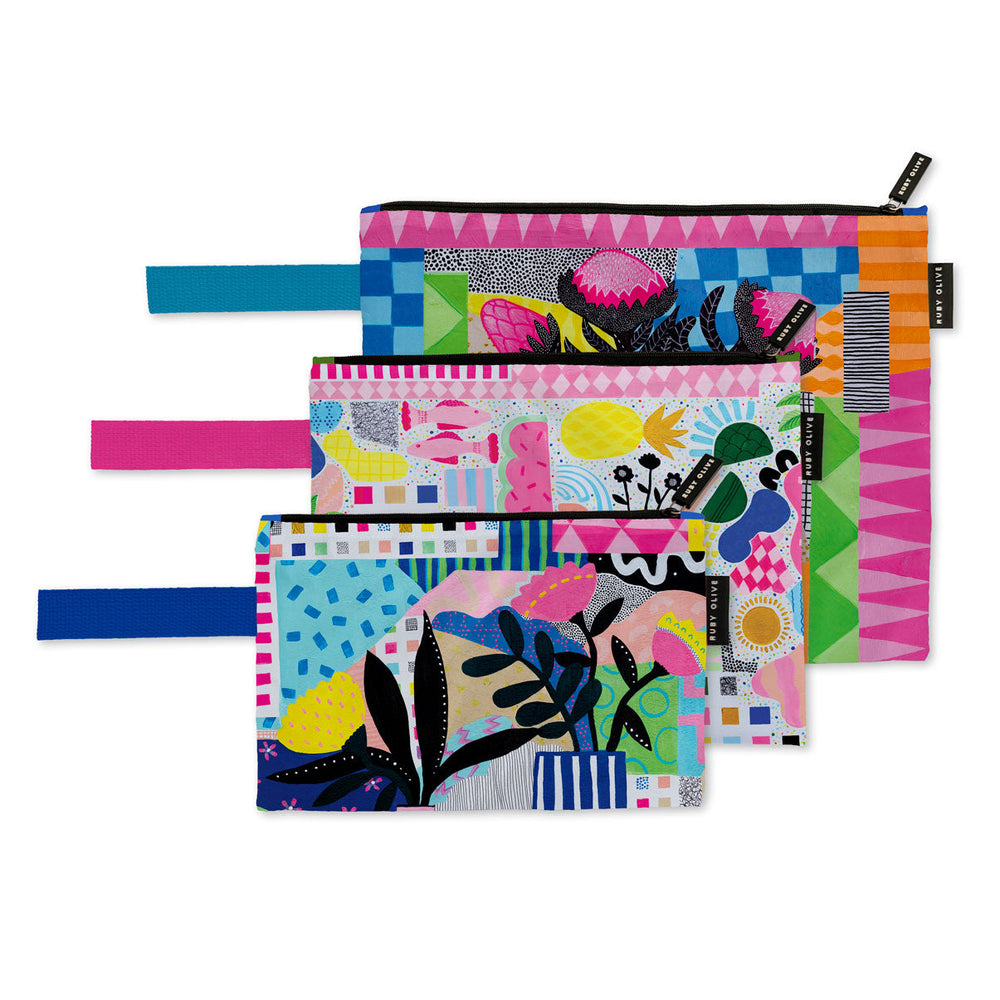 Neon Tea Party Shopping Bag and Pouch Trio Bundle - Ruby Olive