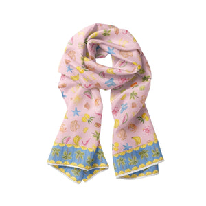 Sunday Picnic Modal Long Scarf by Cass Deller, a pink scarf with a picnic print and blue patterned border, loosely draped