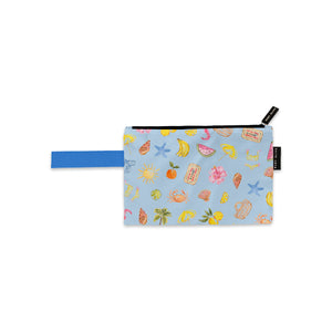 Sunday Picnic Small Pouch by Cass Deller in pale blue with a picnic print and blue wrist strap