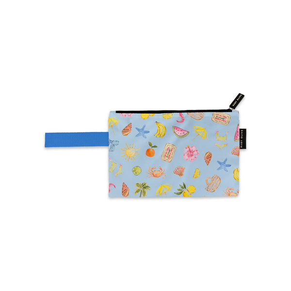 Sunday Picnic Small Pouch by Cass Deller in pale blue with a picnic print and blue wrist strap