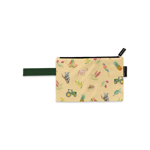 Loving Our Sunburnt Country Small Pouch by Cass Deller in soft yellow with a country Australian print