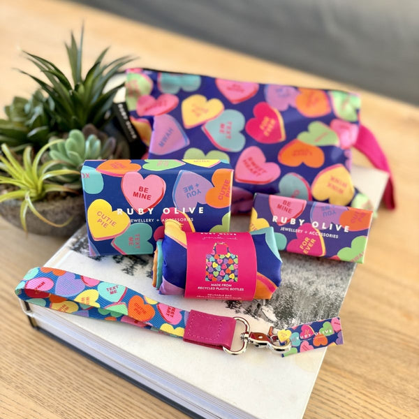 Candy Heart Single Pouch and lanyard and shopping bag set - Ruby Olive